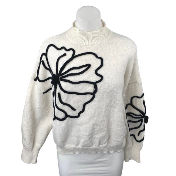 Shein White Floral Embroidered Turtleneck Long Sleeve Sweatshirt Sweater Top 4 - Picture 1 of 5